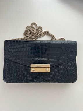 Furla Black Croc-Embossed Leather Crossbody/Shoulder Bag with Gold Chain